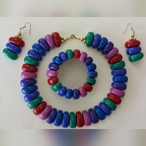 VTG 80's PLASTIC RETRO CHUNKY MATCHING NECKLACE EARRINGS & BRACELET